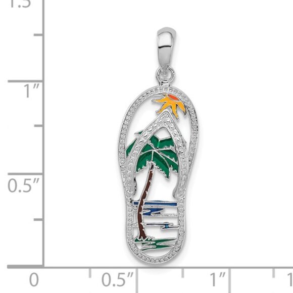 925 Sterling Silver Beach Scene Flip Flop Charm Cutout with 18 in chain necklace - Picture 2 of 2